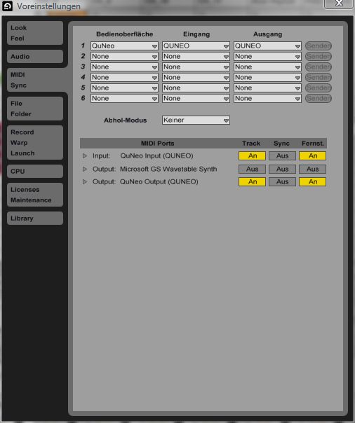 Keith McMillen QuNeo: So (ungefähr) sollte es in den Ableton-Voreinstellungen aussehen, damit der QuNeo seine Arbeit aufnehmen kann.