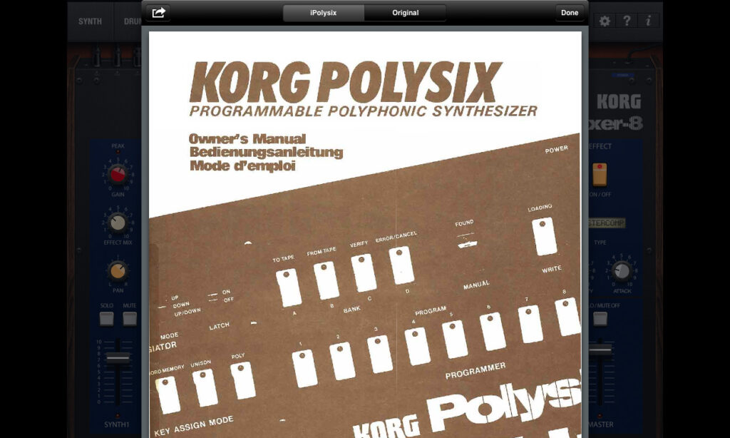 Eine digitale Version des Originalhandbuchs zum Polysix ist in die App integriert