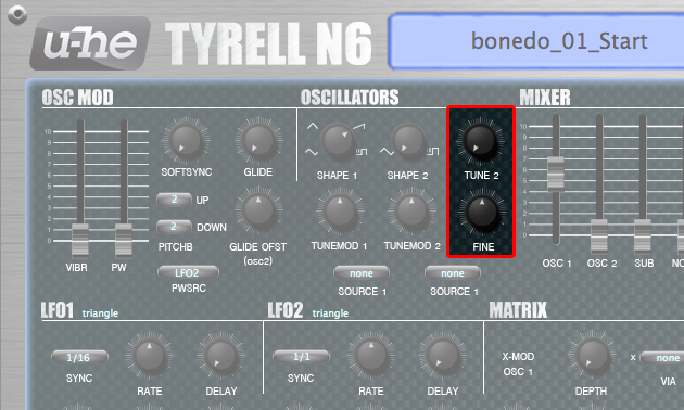 Mit den Reglern TUNE 2 und FINE lässt sich der zweite Oszillator gegenüber OSC1 verstimmen