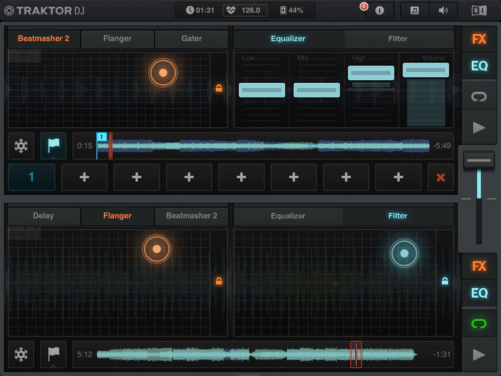 Native Instruments Traktor DJ: Effekt, Filter und Equalizer in der aufgeklappten Ansicht