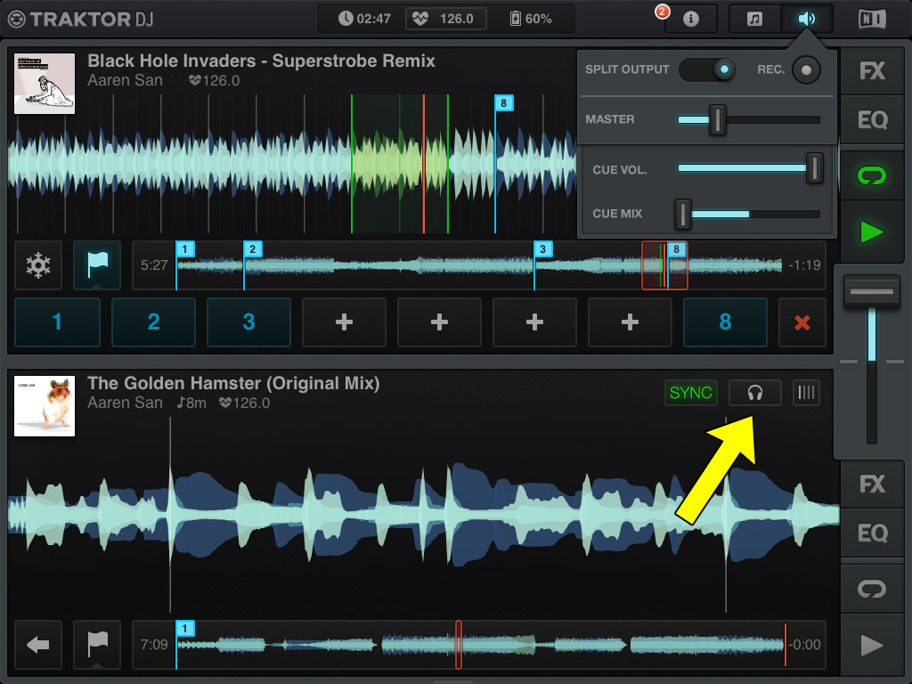Native Instruments Traktor DJ: Sobald man einen zweiten Cue-Ausgang gewählt hat, erscheint ein Vorhör-Taster