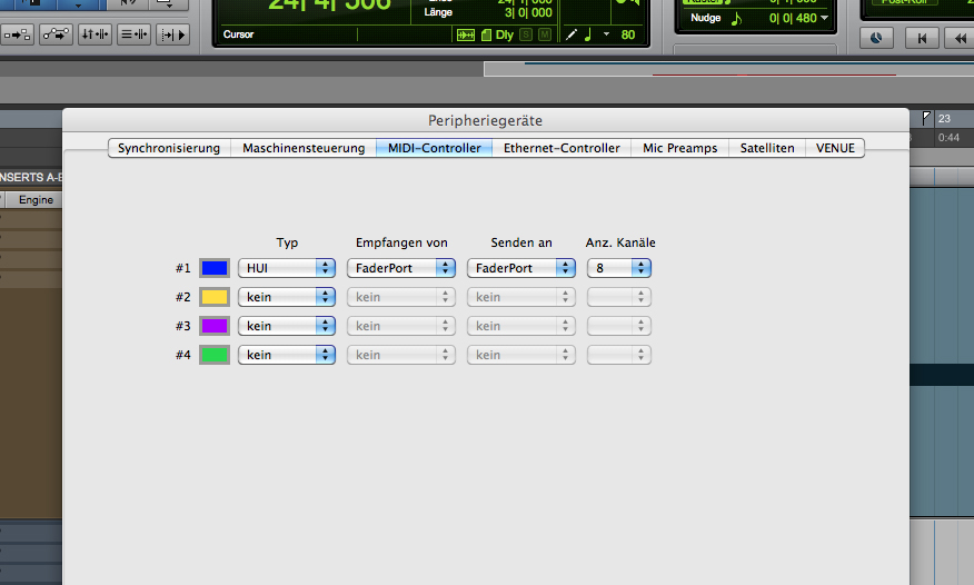 Die Einbindung unter Pro Tools 10 ist ebenfalls recht simpel. Unter Setup/Peripheriegeräte/MIDI Controller nimmt man folgende Einstellungen vor: