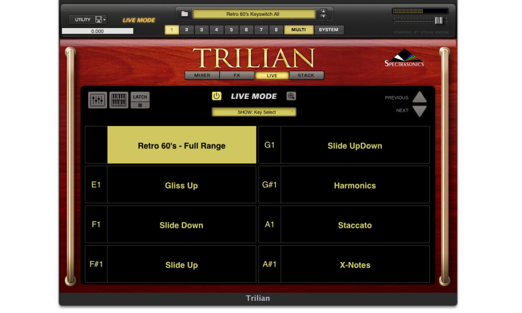 Der Live Mode von Spectrasonics Trilian ermöglicht es, Slides per Keyswitch einzubauen