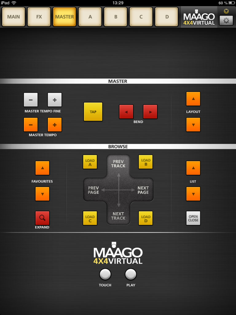 Der Master-View mit Navigationskreuz, Browser-, Layout- und Tempo-Tastern.