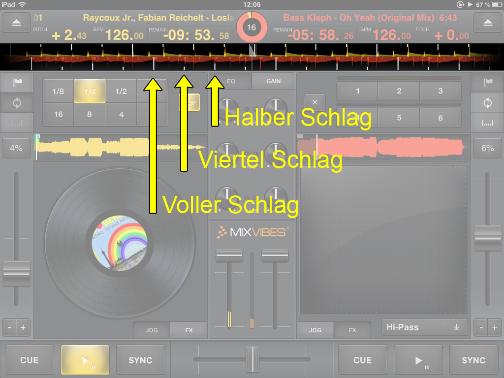 Mixvibes Cross DJ for iPad: Die metrischen Schläge lassen sich visuell gut unterscheiden