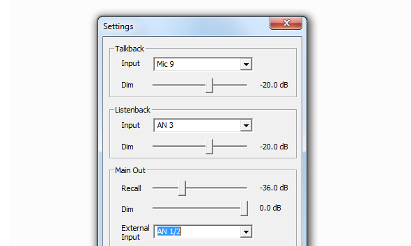 Der DIM der Main-Outs steht auf "0 dB", was bedeutet, dass der Push-Befehl des Encoders deaktiviert ist.