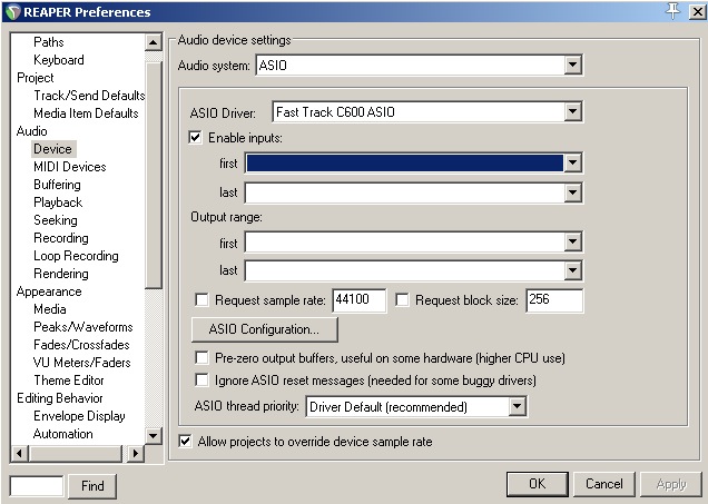 Die Audio Preferences auf dem PC.