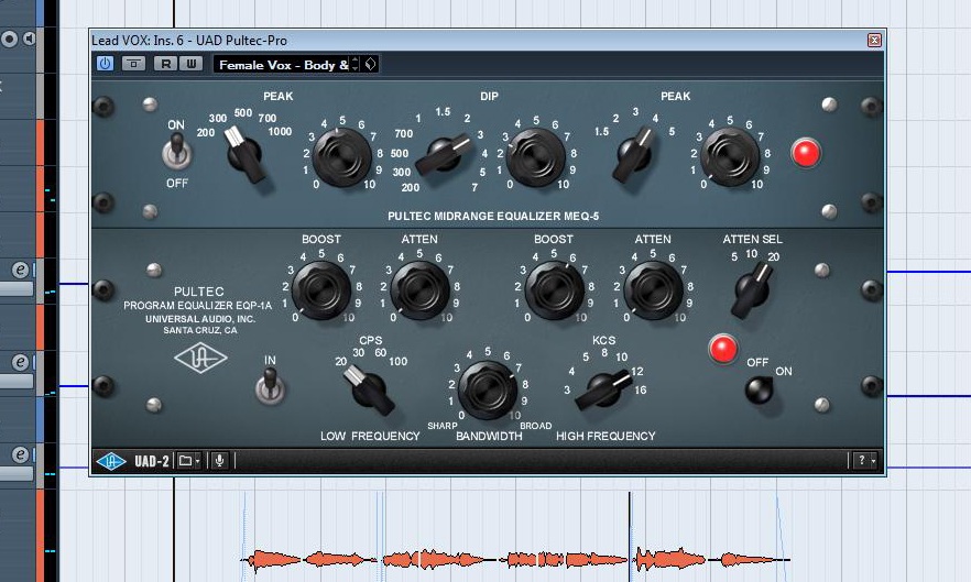 Muskalische" Eingriffe in das Frequenzbild mittels UAD Pultec Pro-Plug-In.