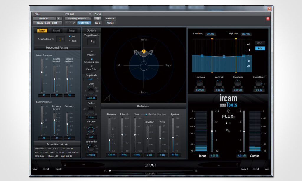 Das Plugin Flux IRCAM Tools Spat stellt eine Möglichkeit dar, scharfe DI-Signale zu glätten und weiter hinten im Mix zu platzieren. Ein normaler Hall mit 100 % Effektanteil kann aber auch funktionieren.