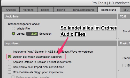 Damit alle Audiodateien im Ordner Audio Files der betreffenden Session landen, muss ein Häkchen in den Voreinstellungen gesetzt werden.