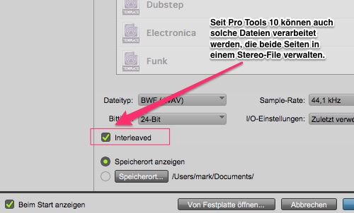 In vielen Fällen ist es angenehm, Stereo-Dateien auf einem Stereo-Track zu verarbeiten. Damit das klappt, muss bei „Interleaved“ ein Häkchen gesetzt werden.