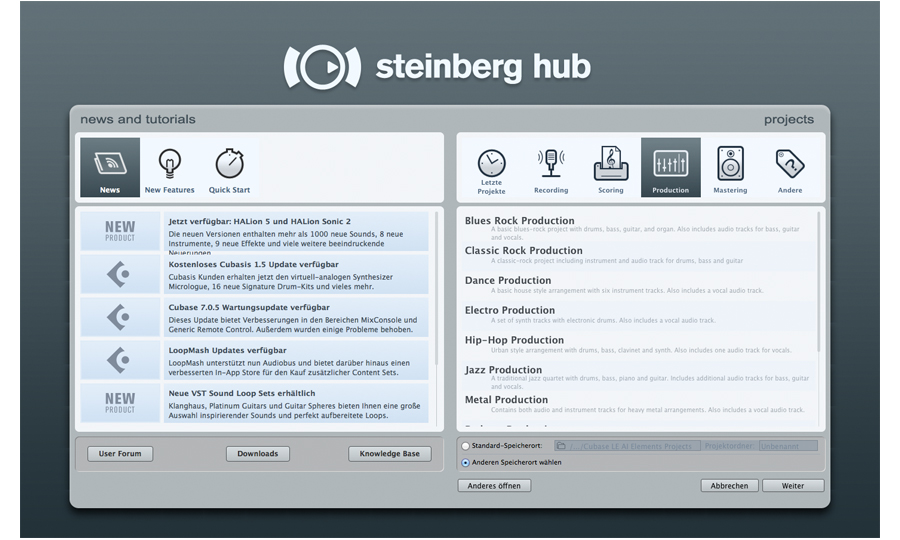 Im Steinberg Hub können Neuigkeiten verfolgt, Projekte angelegt und Tutorials begutachtet werden.