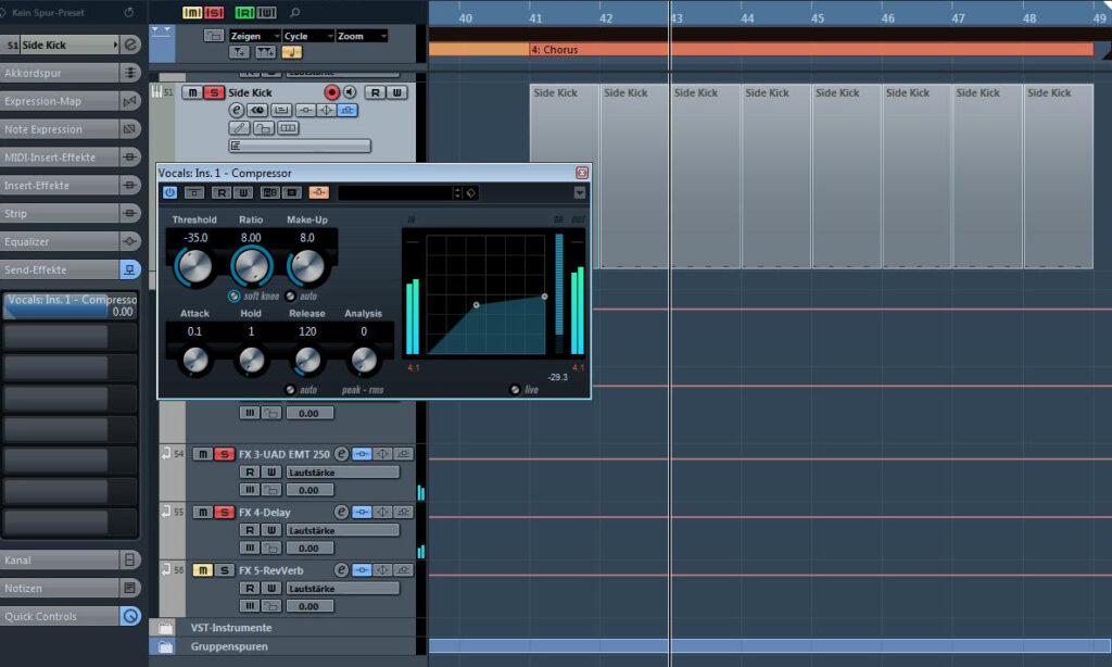Ein Sidechain-Kompressor mit extremen Einstellungen kümmert sich um das Ducking der Vocals durch eine »Sidekick«/»Ghostkick«.