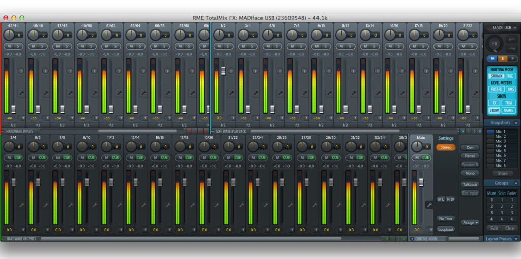 Die TotalMix Software, welche sich für Routings und Mischungen verantwortlich zeigt.