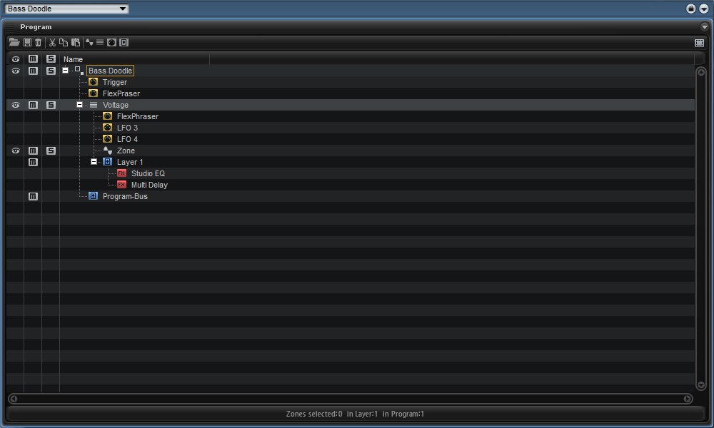 Der noch recht übersichtliche Program Tree eines Voltage-Presets.