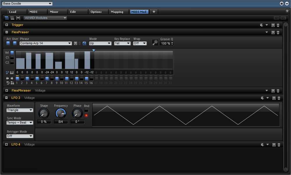 Der Editor für MIDI-Module, hier mit geöffnetem FlexPhraser und LFO.