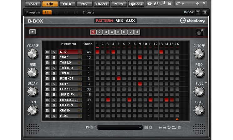 Die Hauptansicht der B-Box wird von einem einfachen aber effektiven Step-Sequencer dominiert.