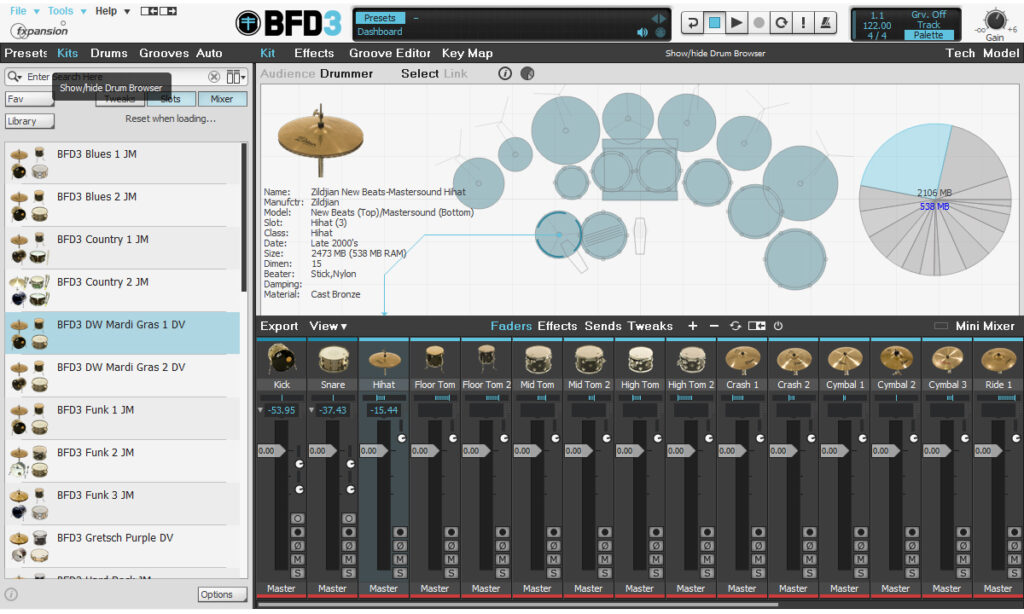 Der Mixer wurde in BFD3 in die Hauptansicht der Kit-Page integriert