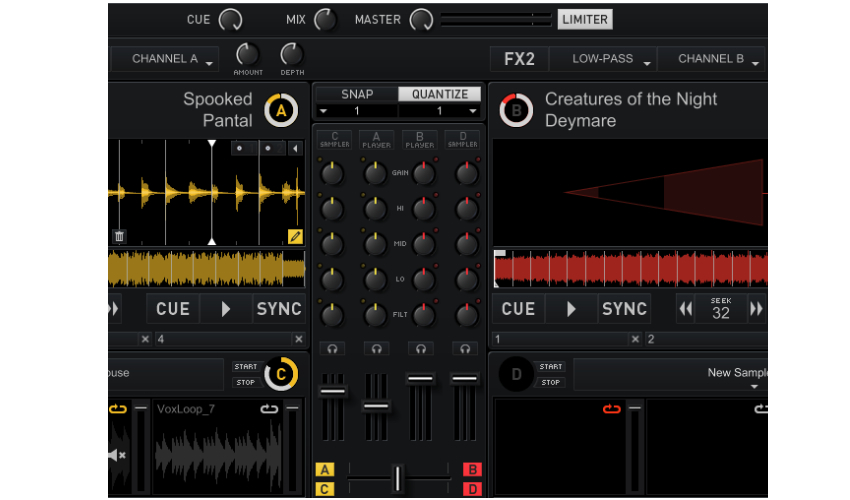 Mixvibes Cross 3.0 - Decks und Sampler sind standardmäßig dem Crossfader zugewiesen.