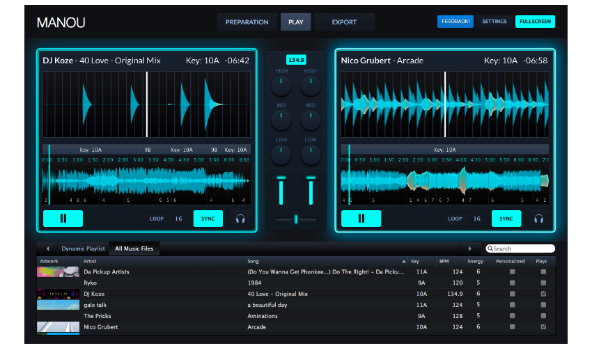 Konzentration aufs Wesentliche. Bei Flow DJ gibt es nur das Nötigste: zwei Decks und einen Mixer mit Crossfader und Dreiband-EQ.