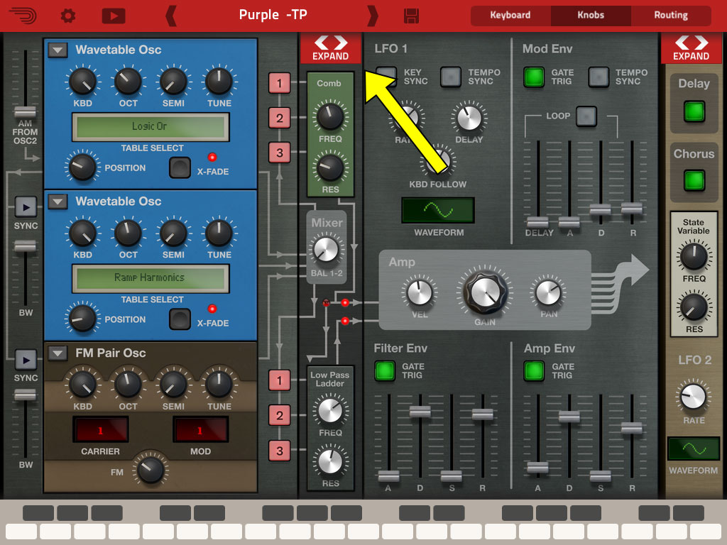 Die Expand-Taster geben den Blick auf die drei Sektionen Oszillator, Filter und Envelope/Effekte frei!