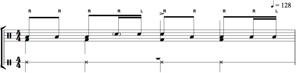 Die Ossia-Ergänzung unterhalb der Drum-Notation zeigt die getretene Viertel-Hihat.