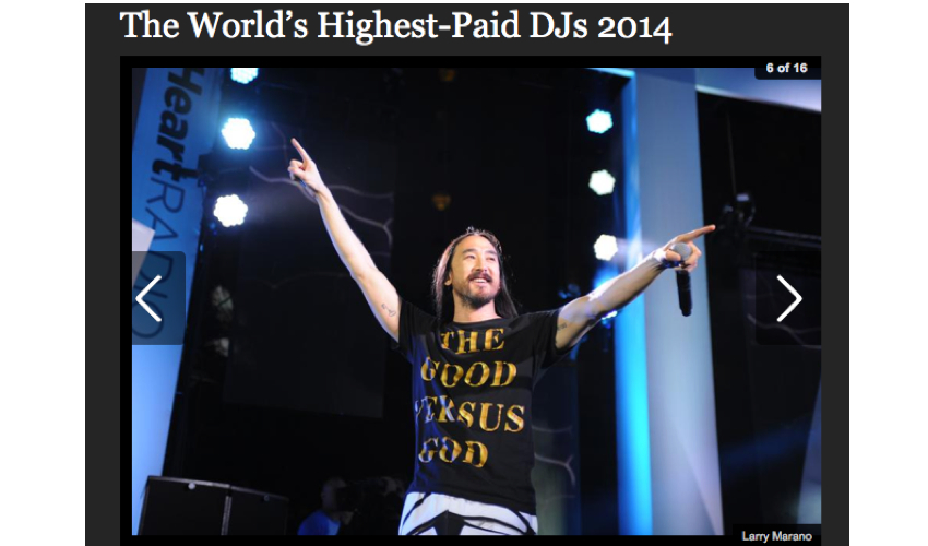 2014 sicherte sich Steve Aoki den 5. Platz der „Electronic Cash Kings“ von Forbes.