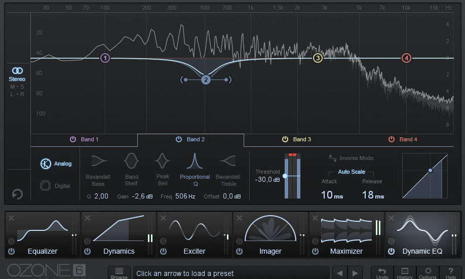 Der neue Dynamic EQ! Wie alle PlugIns ist er von schönen, dezenten Farben gekennzeichnet, die Multi-Bands sind hingegen in Pastelltönen gehalten und wichtige Clippings sowie Reductions werden mit Signalrot abgesetzt.