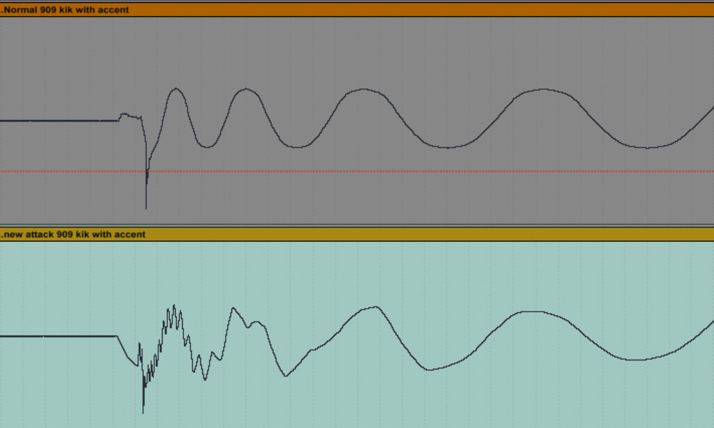 Die 909 Kick als Waveform: Oben die "alte" 909 Kick, unten die "neue" Attack Variante.