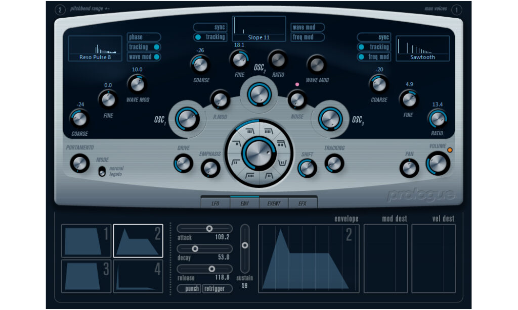 Der virtuell-analoge Synthesizer Prologue ist eines von drei VST-Instrumenten und kommt mit 334 Presets.