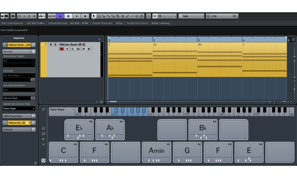 Hier wird eine Instrumentenspur über Drag & Drop mit Akkorden von den Chord Pads gefüttert.