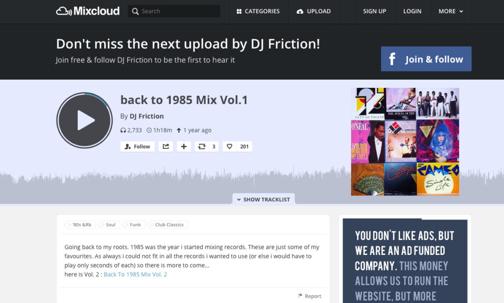 Im Frühjahr 2014 veröffentlichte Friction den Mix „Back to 1985“ auf seiner Mixcloud-Page.