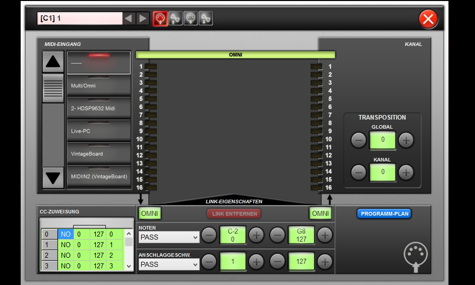Im MIDI-Fenster des Kanals werden z.B. Splitzonen erstellt