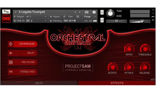 Die Effekt-Sektion der einzelnen Programme bietet Kompressor, Delay, Filter und Stereo Modulation zum Panning und zum Bearbeiten der Stereobasis-Breite.