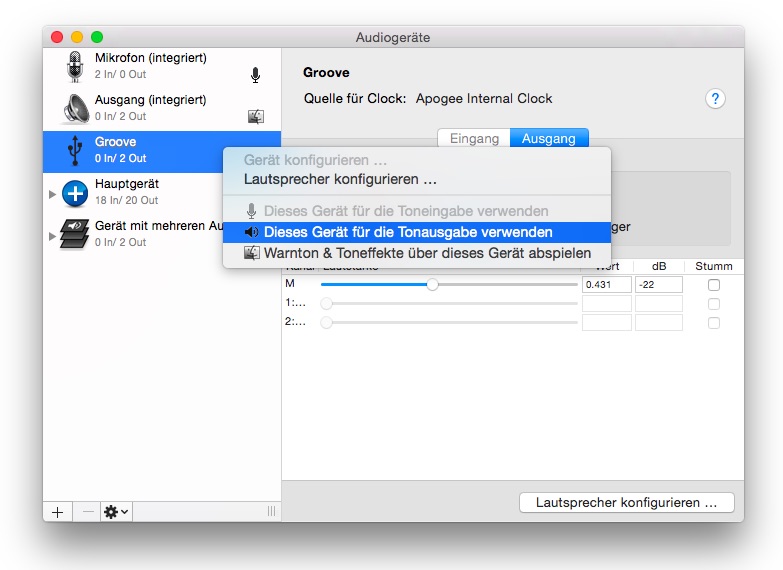 Kurz das Groove als Gerät für die Tonausgabe definiert – und los geht es unter OS X!