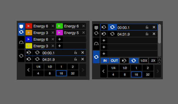 Die abgespeicherten Loops teilen sich die Slots mit den Cue-Points. Daneben: Acht Slots für die abgespeicherten Loops.