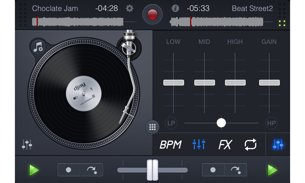 Algoriddim djay 2: Dreiband-EQ und Filter im rechten Deck eingeblendet.