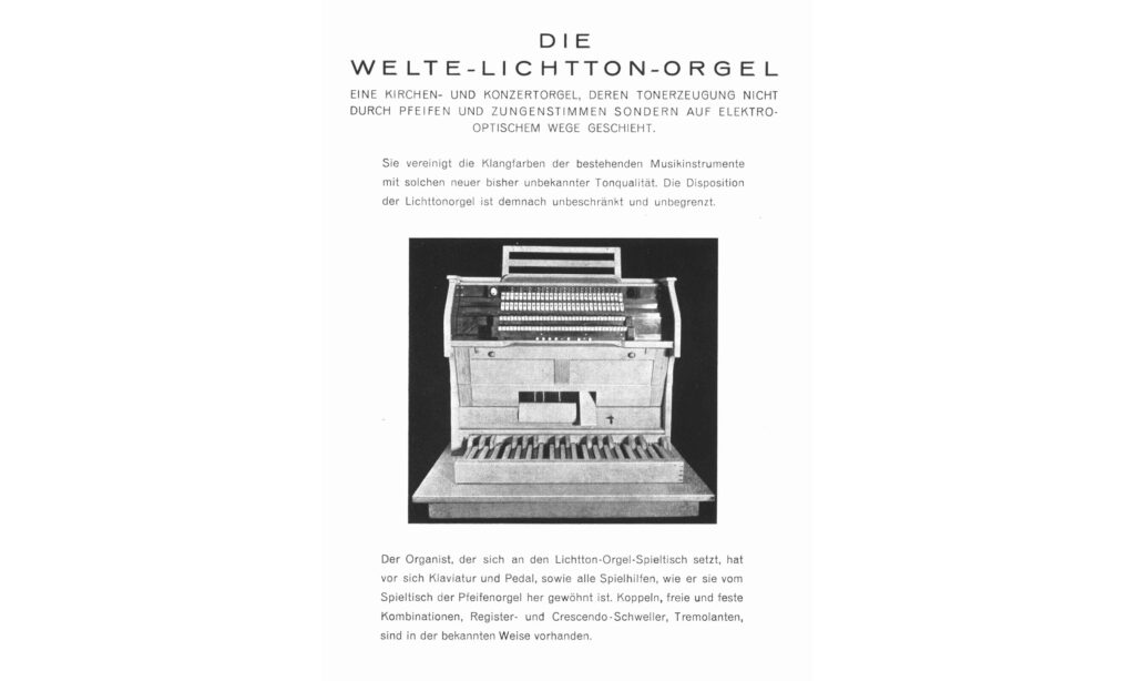 Prospekt für die Welte-Lichttonorgel (Quelle: Wikimedia Commons / Benutzer: Gerhard51 / Lizenz: GNU FDL)