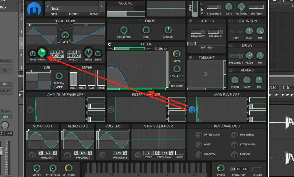 Synthesizer-Bassdrums: Modulations-Hüllkurve steuert die Parameter Oszillator-Pitch und Filter Cutoff. (Q