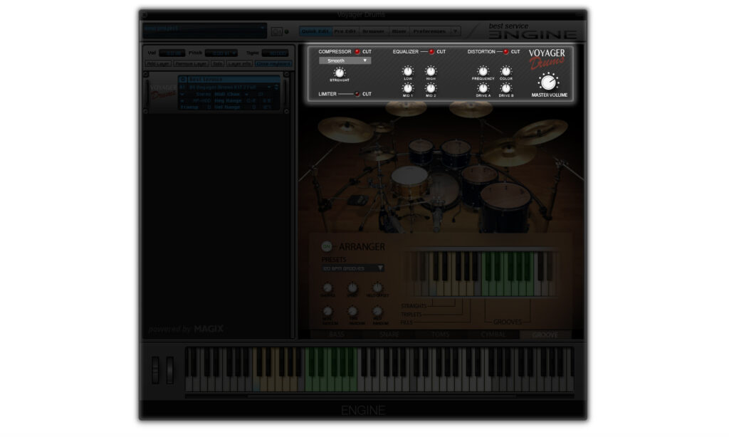Zur klanglichen Bearbeitung der Voyager Drums helfen Compressor, Limiter, Distortion und EQ.