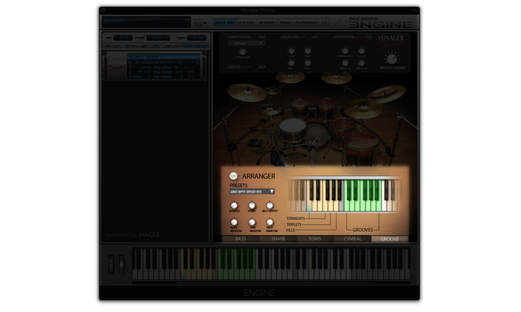 Mit dem Arranger können vorgefertigte Grooves live auf dem Keyboard arrangiert werden.