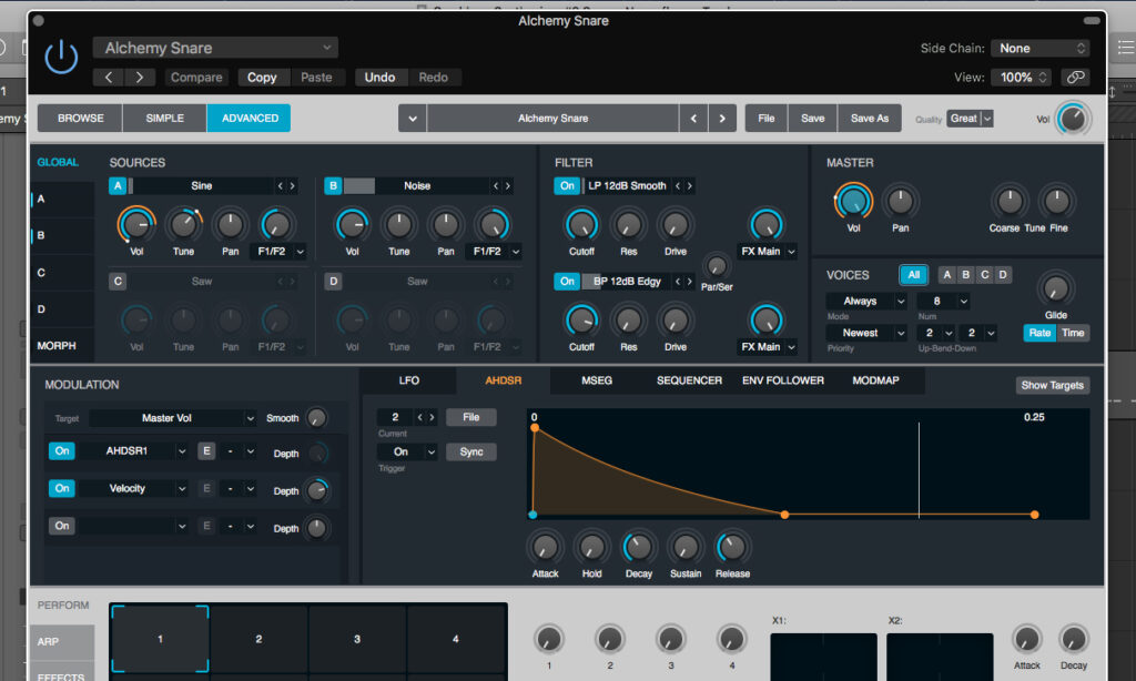 Der Logic-Synthesizer Alchemy ist enorm flexibel und bietet alles, was für einen klassischen Snaredrum-Sound benötigt wird. 