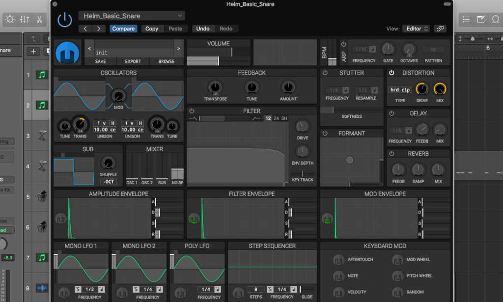 Mit dem Helm-Synthesizer können wir uns einem typischen analogen Snaredrum-Sound nur annähern. 