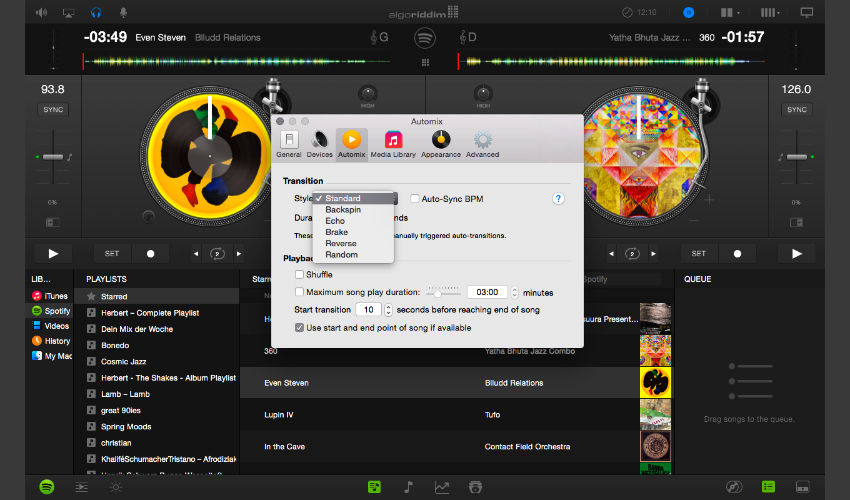 In den Voreinstellungen die Art und Dauer der Übergänge bestimmen, die Beat-Synchronisation einschalten und festlegen, wie lange jeder Track maximal laufen soll.