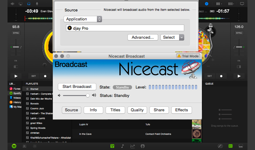 Das entscheidende, damit beim Broadcasting-Tool Sound ankommt, ist die Auswahl der Soundquelle. Djay Pro wird von Nicecast automatisch erkannt und mit einem Mausklick aktiviert.