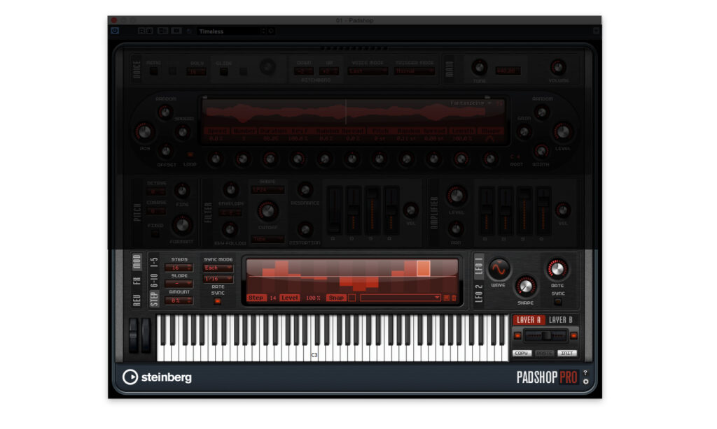 Der Step Modulator dient zum rhythmischen Triggern von Oszillator, Filter, Amp und Pan.