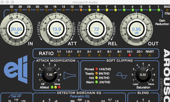 Der obere Teil des Arousor PlugIns mit den prominenten weißen "ELI" Reglern.