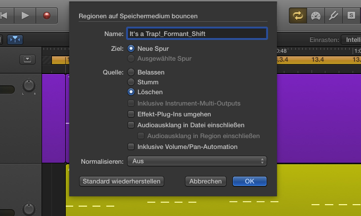 Zum weiteren Editieren in der DAW wird die Vocal-Phrase mitsamt dem Effekt gerendert.