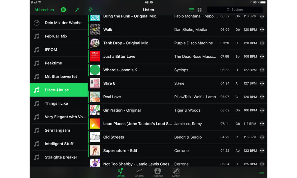 Das Blättern in Spotify-Playlisten ist in "Djay" kaum vom Browsen in lokalen Dateien zu unterscheiden.