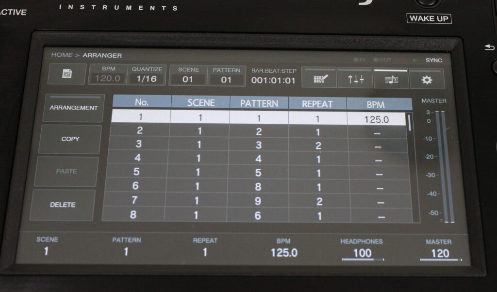 Der Arrange-Menü im Toraiz lässt programmierte BPM-Bestimmung pro Pattern zu.